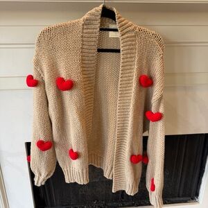 Anthropologie Beige Open-Front Cardigan with Red Heart Appliqués